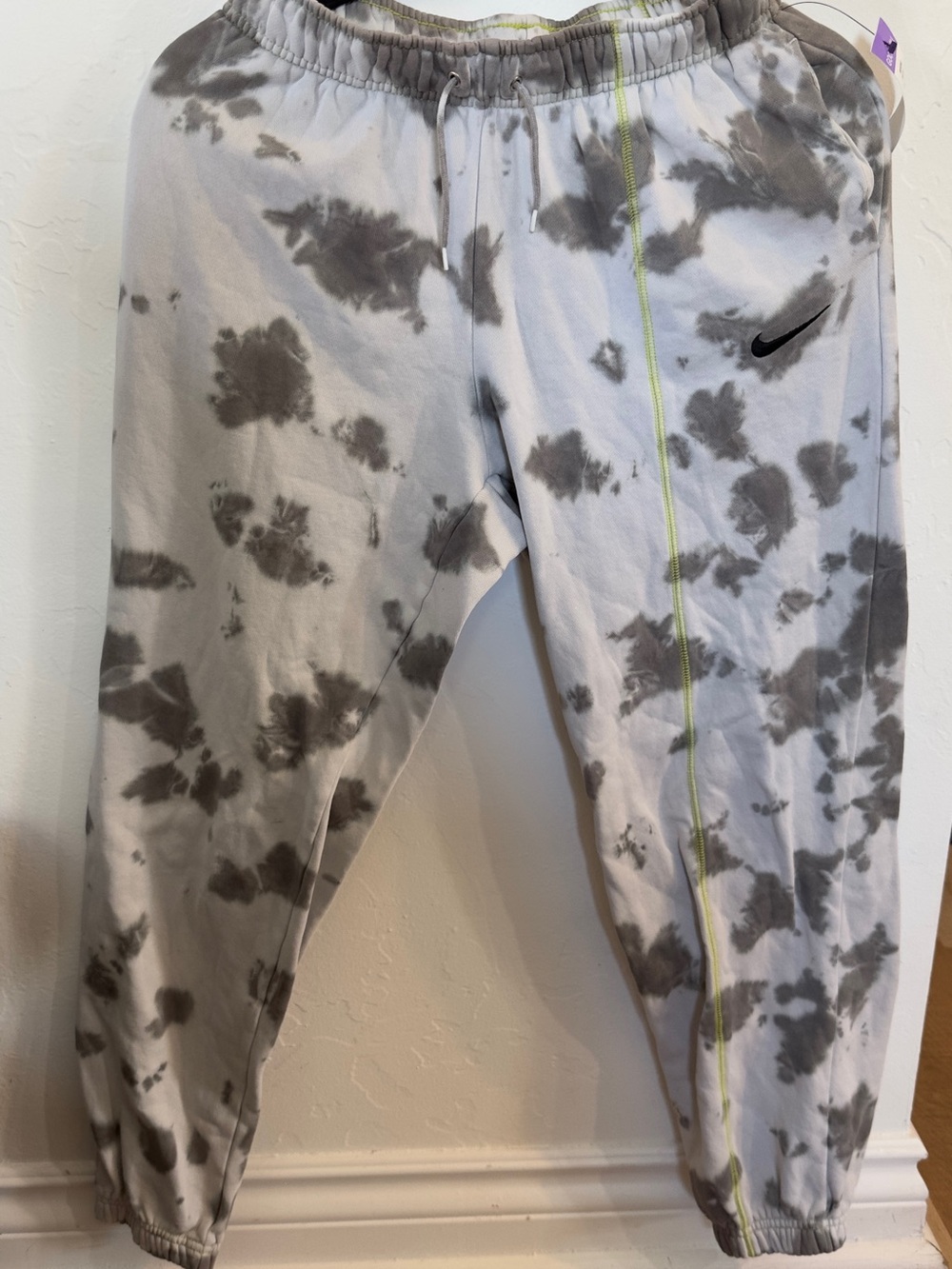 Nike Kids Tie-Dye Sweatpants in White and Gray with Neon Stitch